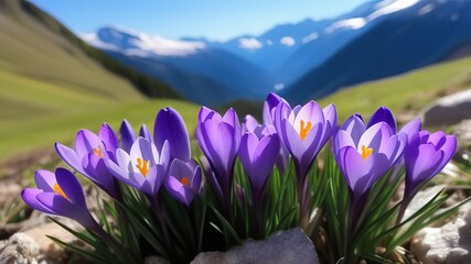 Spring purple crocus flowers in mountains snowdrops early spring copy space march april botany...