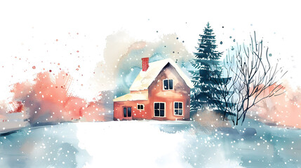 Whimsical Winter Wonderland: A Watercolor Illustration of a Cozy House Amidst Snowflakes and Christmas Cheer on a Transparent Background