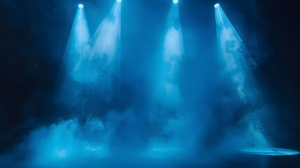Captivating Luminary Artistry: Vivid Lights, Fog, and Shadows Play Upon an Illuminated Stage in a Mesmerizing Performance of Blue Hues and Smoke, Enhanced by the Power of Generative AI - obrazy, fototapety, plakaty