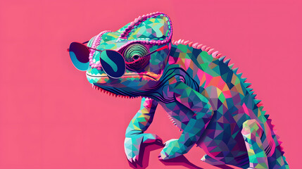 Chameleon in Sunglasses: A Vibrant Digital Masterpiece on Bold Backdrop � Emphasized through Abstract Geometries with Technologies