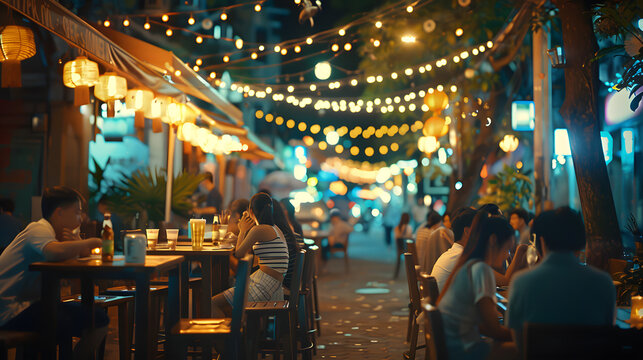 Vibrant Asian Evening: Enjoying Dinner, Music and Leisure in a Street Bar Atmosphere