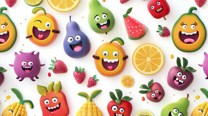 Funky Fruit Patterns: Colorful Patterns Featuring Playful Fruit Characters. Isolated Premium Vector. White Background