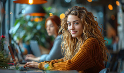 20s white woman, employee at office working on a laptop, looking at camera, coworkers on the background 
