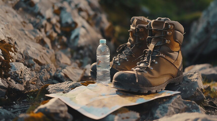 A pair of hiking boots, a water bottle, and a trail map on a rocky terrain, symbolizing adventure travel. - obrazy, fototapety, plakaty