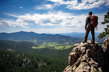 Fototapeta premium A hiker standing on the peak of mountain enjoying beautiful view 