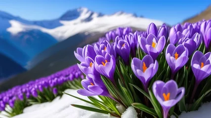 Fotobehang Spring purple crocus flowers in mountains snowdrops early spring copy space march april botany plants fresh travel vacation valley © lidianureeva