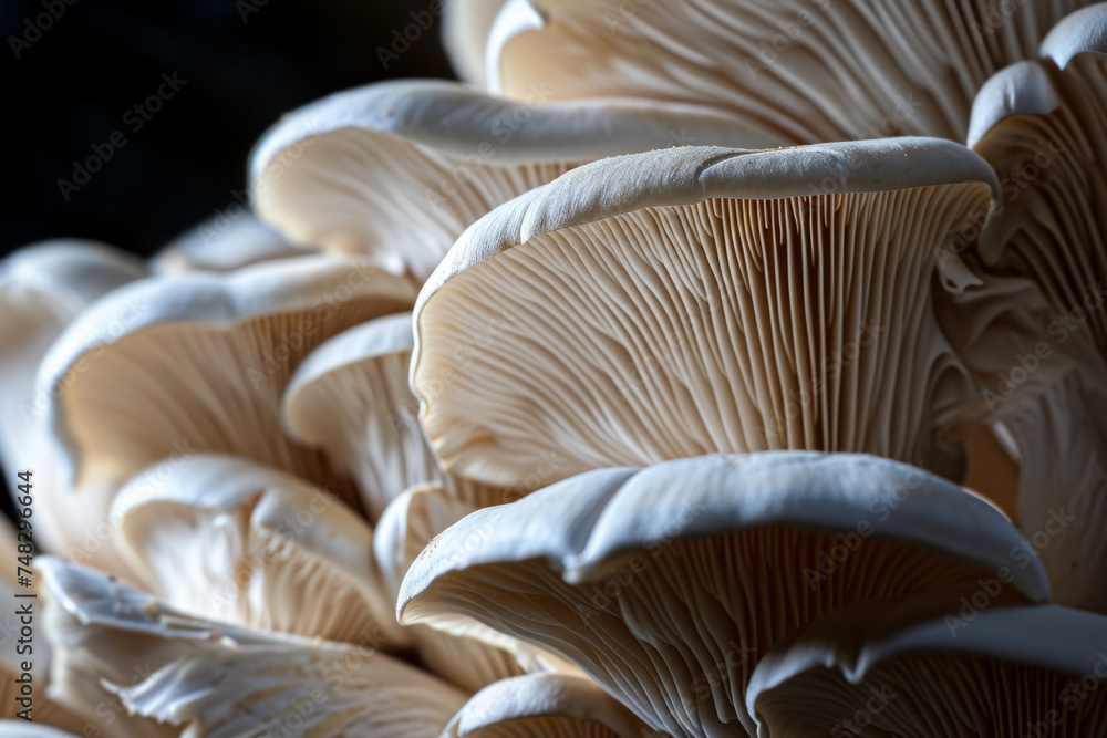 Poster mycelium with mushrooms, bottom view. backdrop with selective focus and copy space