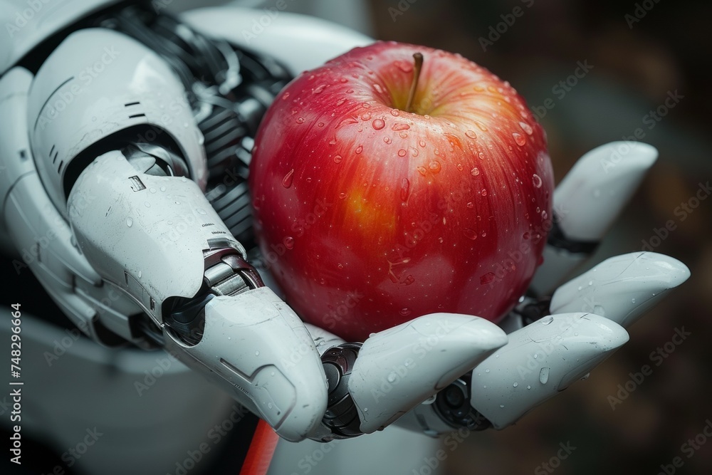 Poster A robot hand works on a modern farm. Backdrop with selective focus and copy space