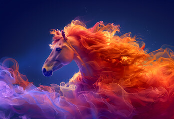 Obraz na płótnie Canvas Majestic Fire-Mane Horse Illustrated in Vivid Orange and Purple Hues. AI.