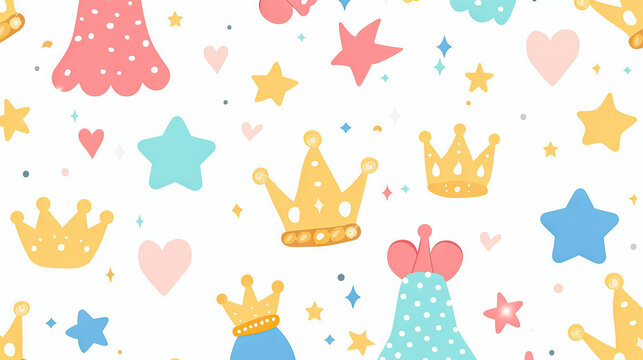 Fairytale Princess Pattern: Princess-Themed Pattern for Kids' Apparel. Isolated Premium Vector. White Background
