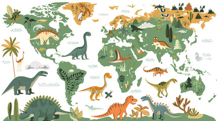 Dinosaur World Map: Educational Map for Exploring the World of Dinosaurs. Isolated Premium Vector. White Background
