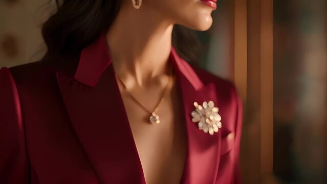 A tailored suit in rich jewel tones with a bold peaked lapel and statement brooch giving off a modern princess vibe.