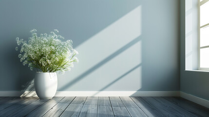 Horizontal banner, blue wall, ray of sunlight, flowers in white vase,. Valentines day, spring, love, mother's day celebration. 