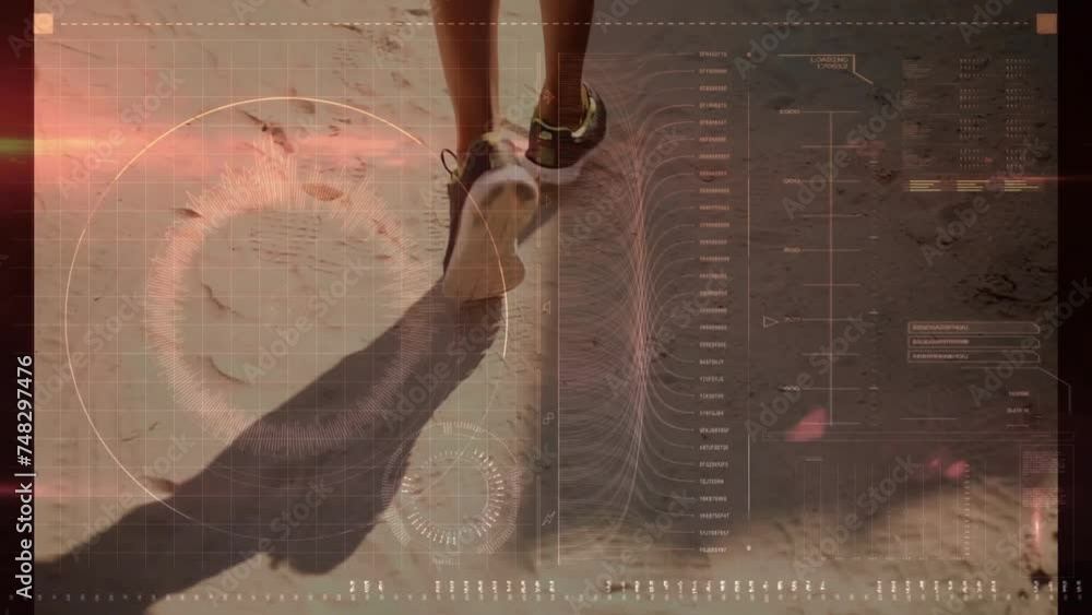 Poster animation of data processing over african american man running on beach