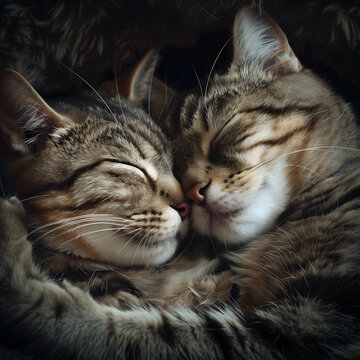 Two Domestic Cats Cuddling Together While Asleep in a Cozy Setting