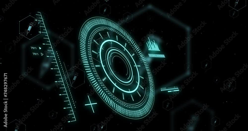 Aufkleber animation of digital data processing and scope over black background