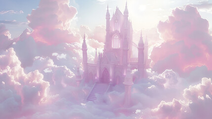a pink castle is floating in the clouds