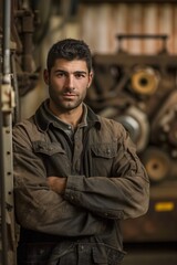 Engine mechanic next to an big machinery