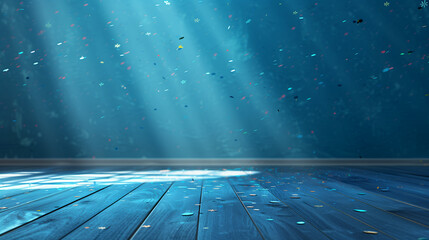 Horizontal banner, blue wall, ray of sunlight, flower petals. Valentines day, spring, love, mother's day celebration. 