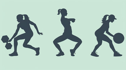  a stretching figure, a weightlifting silhouette, and a jogging symbol, illustrating fitness activities.
