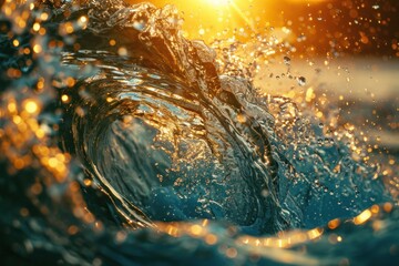 a close up of an ocean wave with the sun shining above it - obrazy, fototapety, plakaty