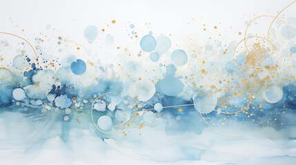 Abstract airy background with blue splashes, paint strokes, gold splashes of watercolor.
