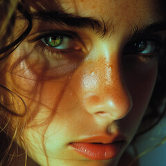 Realistic portrait of a woman with green eyes, realistic photo