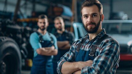 Fototapeta premium Team of diesel engine mechanics next to an big machinery