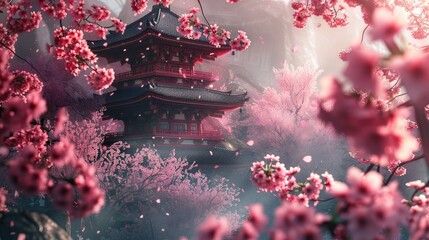 A serene Japanese pagoda stands amid a sea of vibrant cherry blossoms, capturing a sense of peace and the beauty of nature