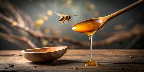 honeybee flying near the wooden spoon with dripping honey. - obrazy, fototapety, plakaty