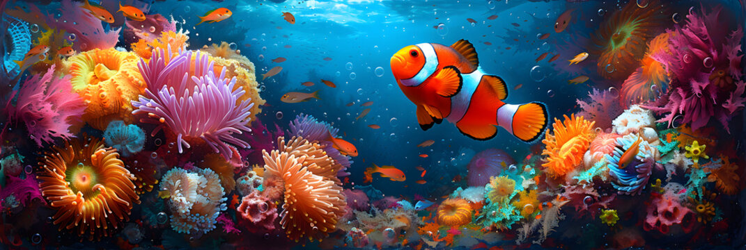 colorful background Fish in anemone,
Cute little clown fish in coral reef






