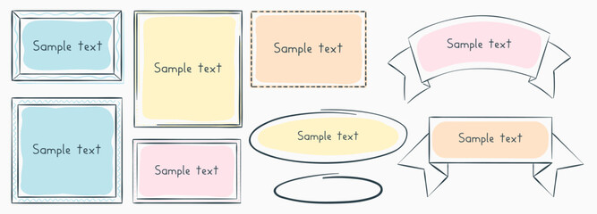 Frames hand drawn with a brush in doodle style. Box, square, rectangle, circle, brush, Hand drawn simple oval. Title text in doodle style. Label, tag, vector illustration