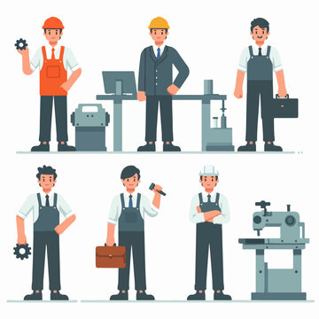 Vector set of factory workers with a simple and minimalist flat design style
