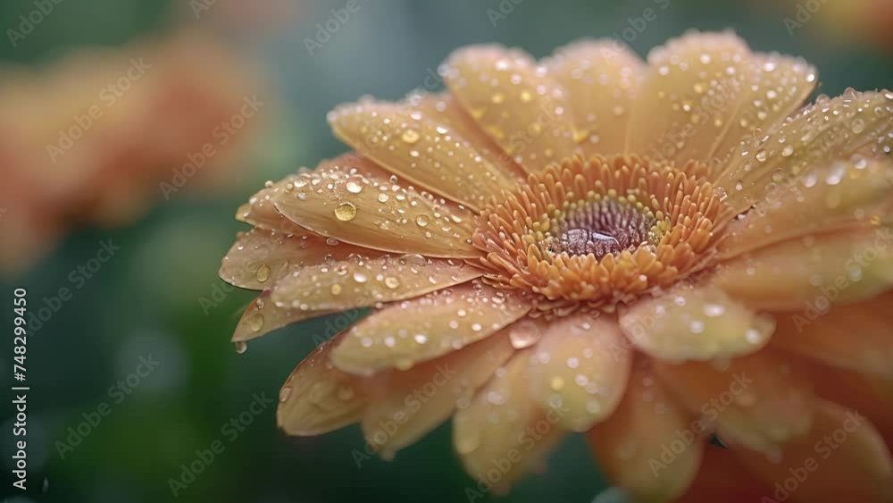 Poster Closeup of raindrops splashing onto a flower petal highlighting its natural lines and adding a dewy soft texture.