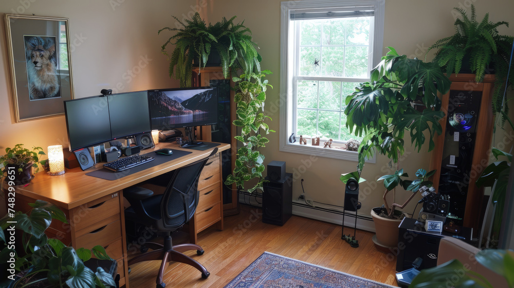 Poster room featuring a desk with a computer and multiple plants scattered throughout