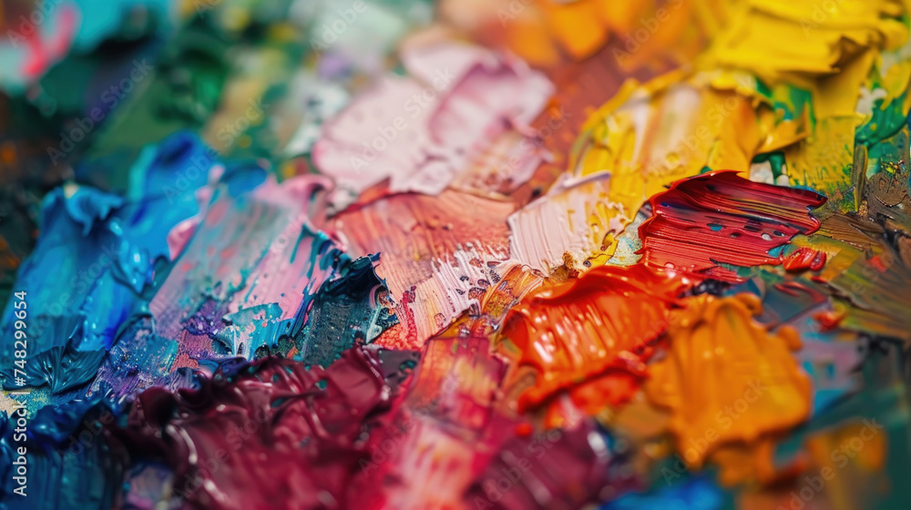 Poster a vibrant painting filled with an array of bold colors and intricate details, captured in a close-up
