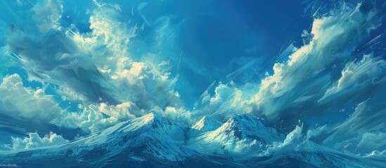 A painting depicting a majestic mountain with snow-capped peaks reaching towards a cloudy sky. The...