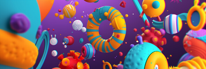 Vivid an array of floating geometric shapes, bright and contrasting colors. Circular forms, spheres and amorphous blobs drift in a surreal space, without gravity. Dynamic movement