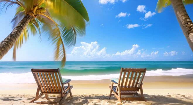  beach chairs with beach and palm background 