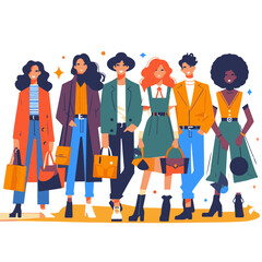Vector illustration of a group of fashionable women walking in the city.