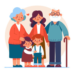 Fototapeta premium Grandmother, grandfather, grandmother and granddaughter vector illustration. Grandma, grandma and grandchild cartoon characters.