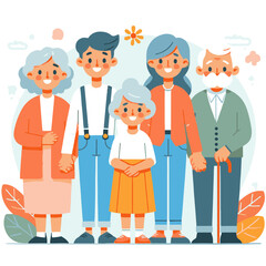 Elderly people vector illustration. Group of grandmothers, grandfathers and grandparents standing together.