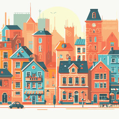 Cityscape with colorful houses, cafes and streets. Vector illustration.