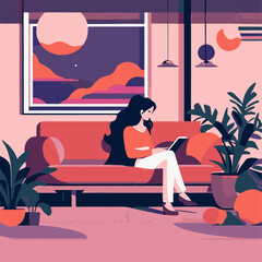 Young woman sitting on a sofa and using a tablet. Flat vector illustration.