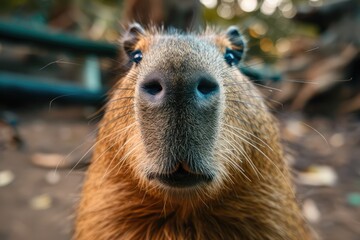 Obraz premium Capybara Close up Portrait, Fun Animal Looking into Camera, Capybara Nose, Wide Angle Lens