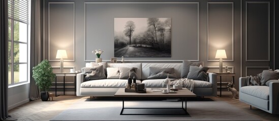 The grey living room is filled with various pieces of furniture. A large painting hangs on the wall as the focal point of the room. The design is modern and functional.