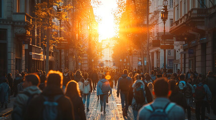 Crowd of people walking on wide city street with sunset at the background., City life, social issues concept - obrazy, fototapety, plakaty
