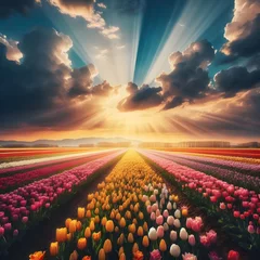 Foto op Aluminium Sunset Rays over Tulip Fields © Generative