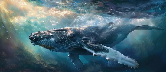 A powerful humpback whale gracefully swims in the ocean, showcasing its majestic presence and elegant movements as it navigates through the deep blue waters.