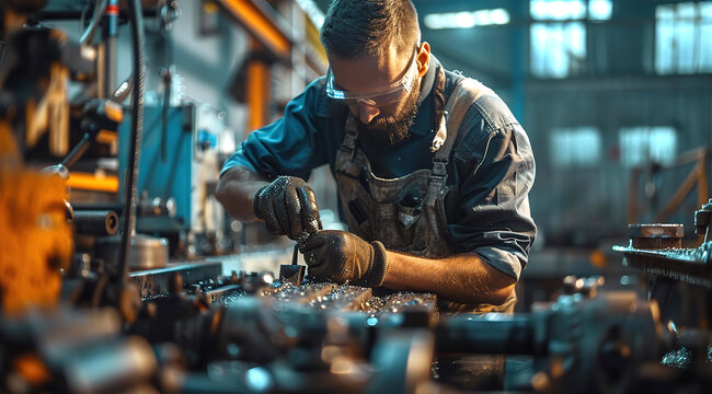 Mechanic works on diagnosing engine problem in garage. Local garage, repair, industrial business